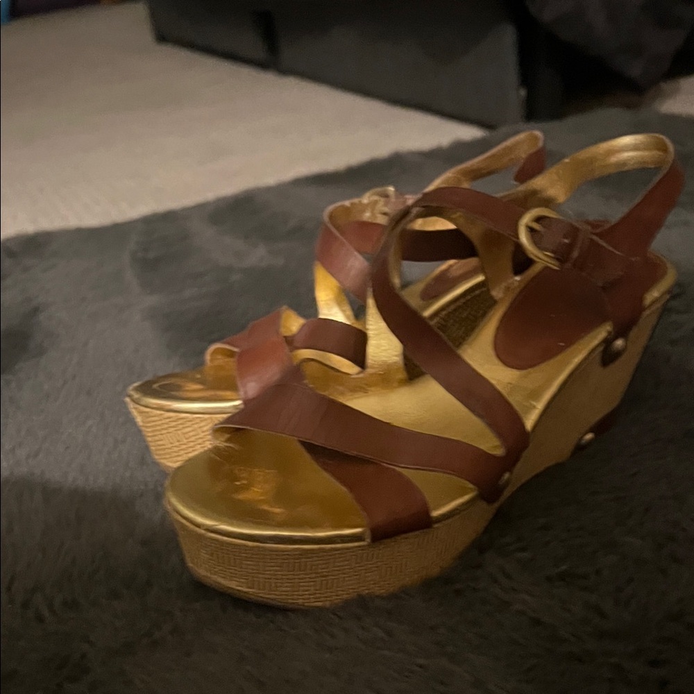 Elegant Brown and Gold Wedge Sandals